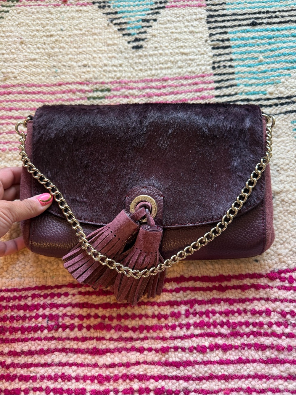 kate spade sequoia crossbody/clutch in plum leather, pony hair w tassel & chain - Picture 2 of 9